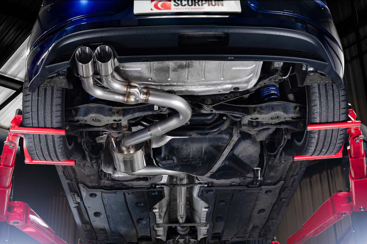 Scorpion Volkswagen Golf Mk7.5 1.5 TSI non-resonated cat-back exhaust system with polished stainless steel pipes and muffler.