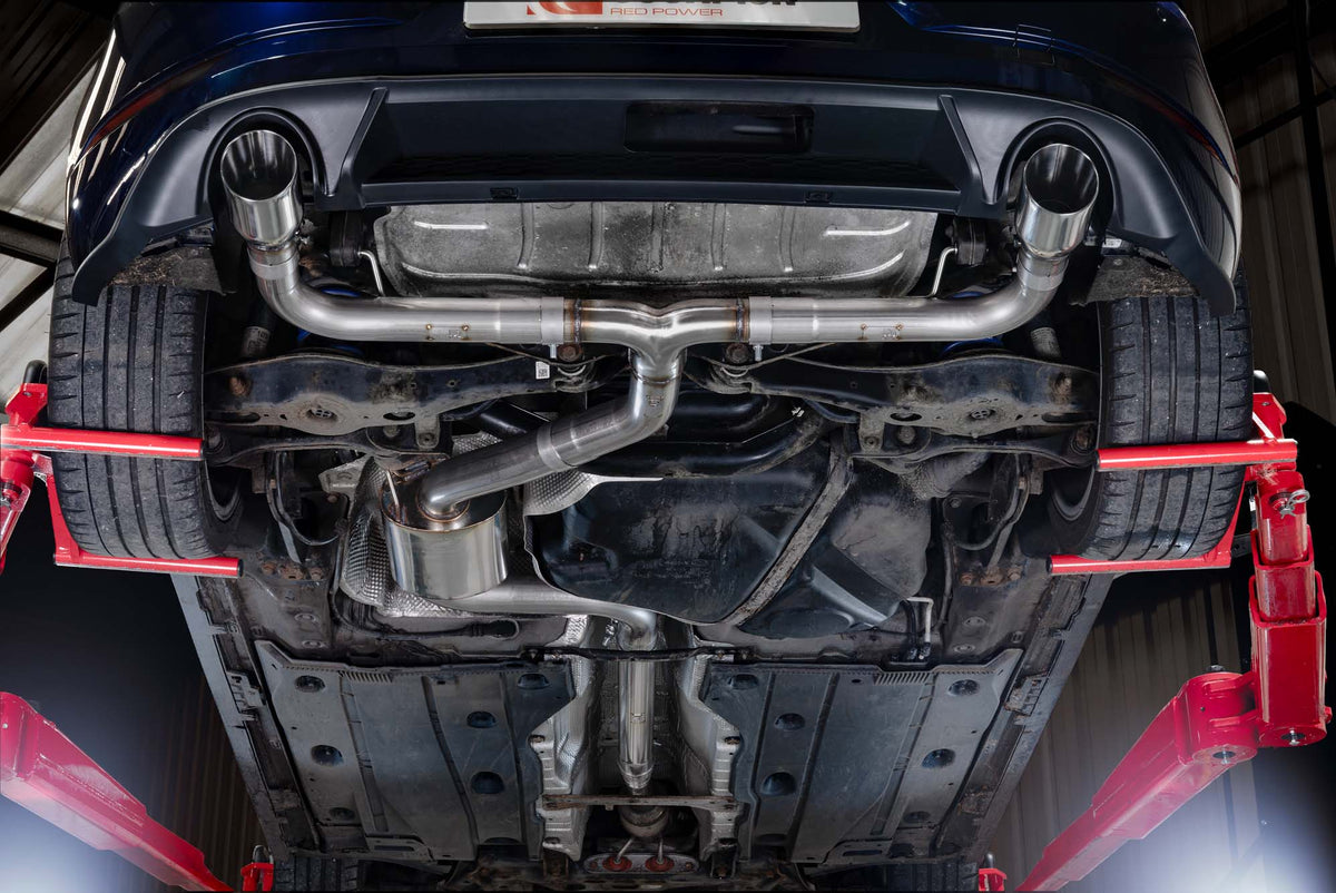 Scorpion Volkswagen Golf Mk7.5 1.5 TSI cat-back exhaust system with non-resonated muffler, metallic finish, and dual tailpipes.