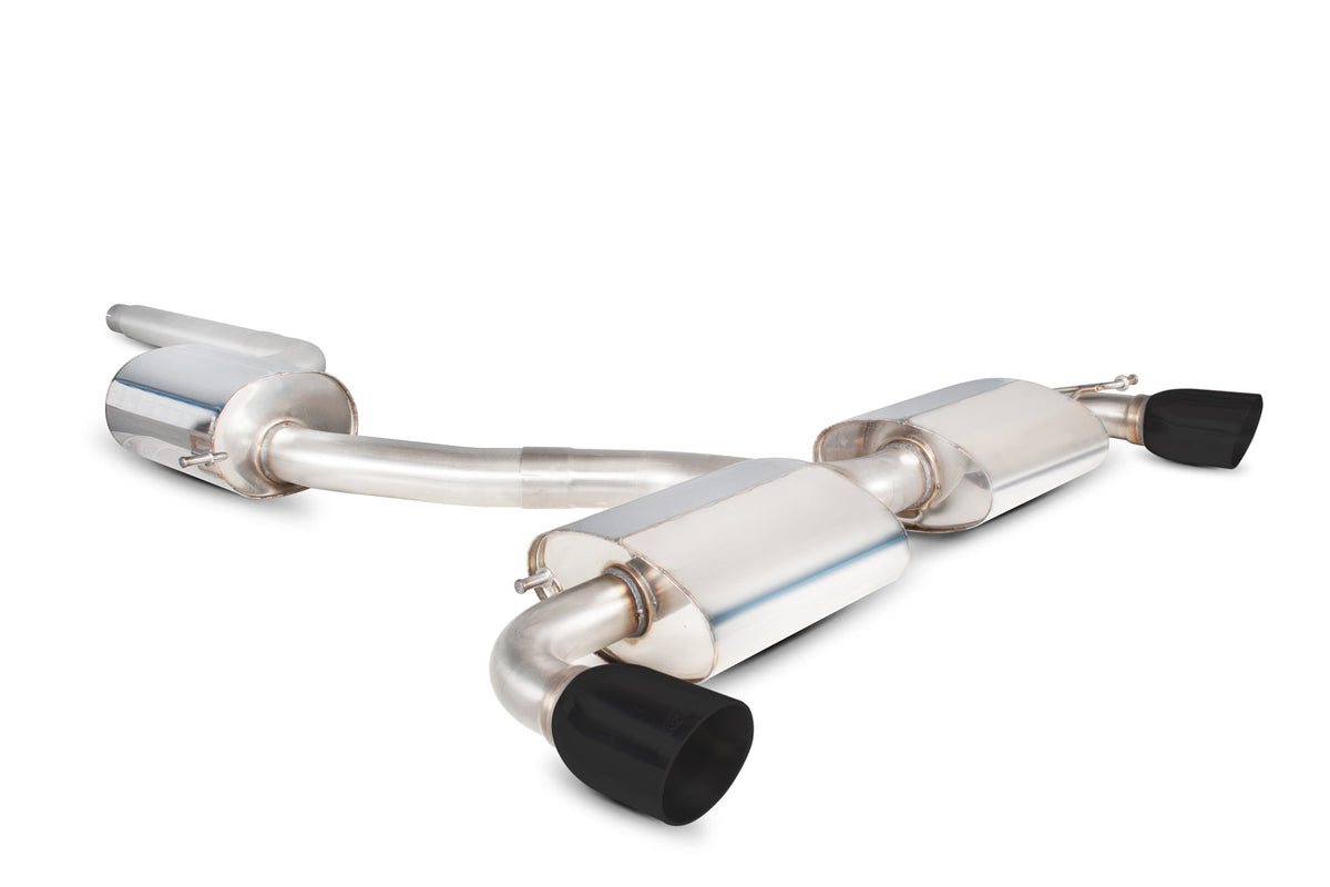 Scorpion Volkswagen Scirocco R resonated cat-back exhaust system, showing polished stainless steel pipes and muffler with branding.