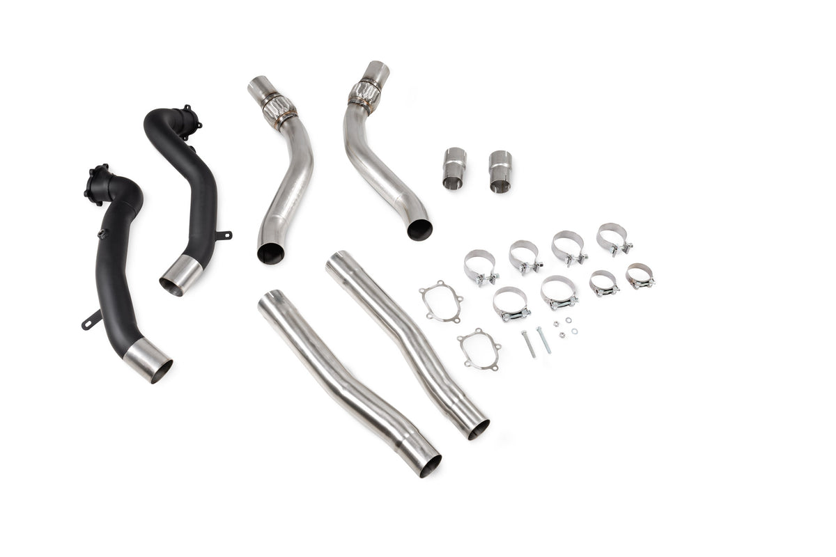 Scorpion Audi RS6 C7 Avant and RS7 C7 de-cat downpipes with large bore front pipes, high-performance exhaust components.