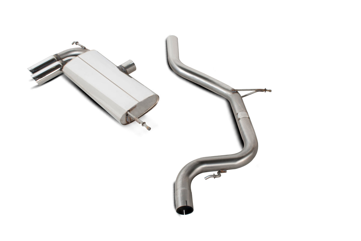 Scorpion Exhausts cat-back exhaust system for Seat Leon 1.4 Tsi, 2.0 Tdi, non-resonated, shown installed on vehicle.