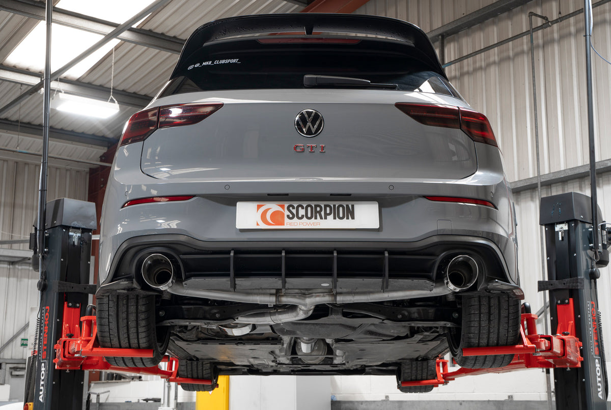 Scorpion Volkswagen Golf MK8 GPF-Back Exhaust System with resonated tips for MK 8.5 GTI Clubsport, showing polished metal pipes and tips.