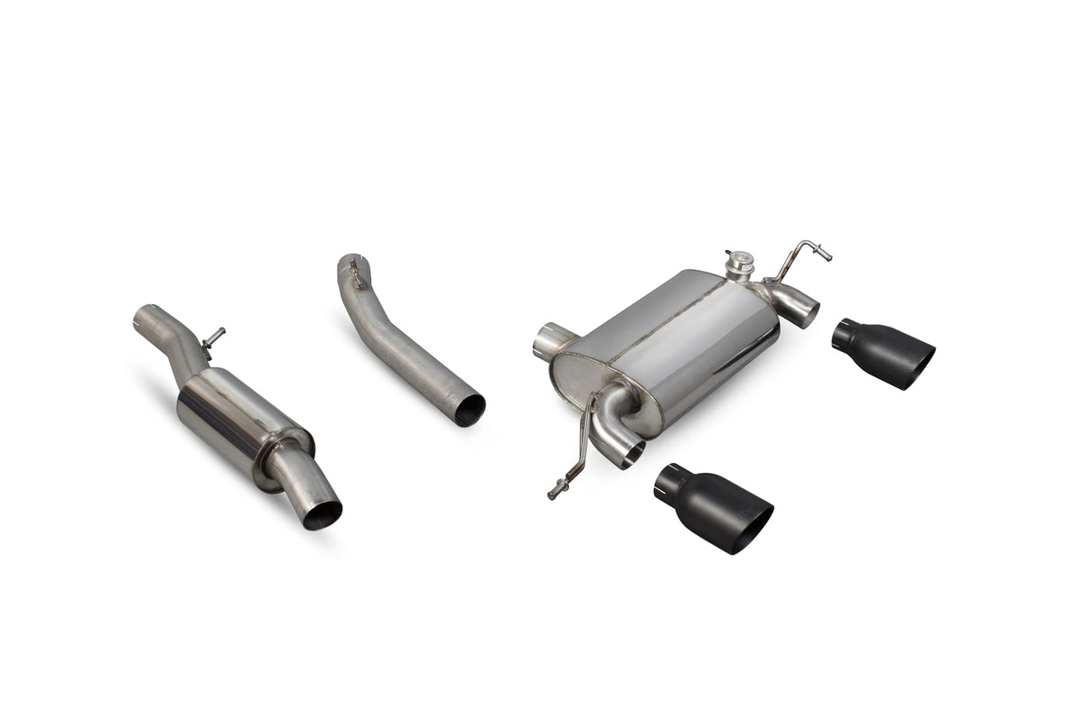 Scorpion Audi TT Mk1 quattro 3.2 V6 resonated cat-back exhaust system with polished piping and muffler, installed on a vehicle.