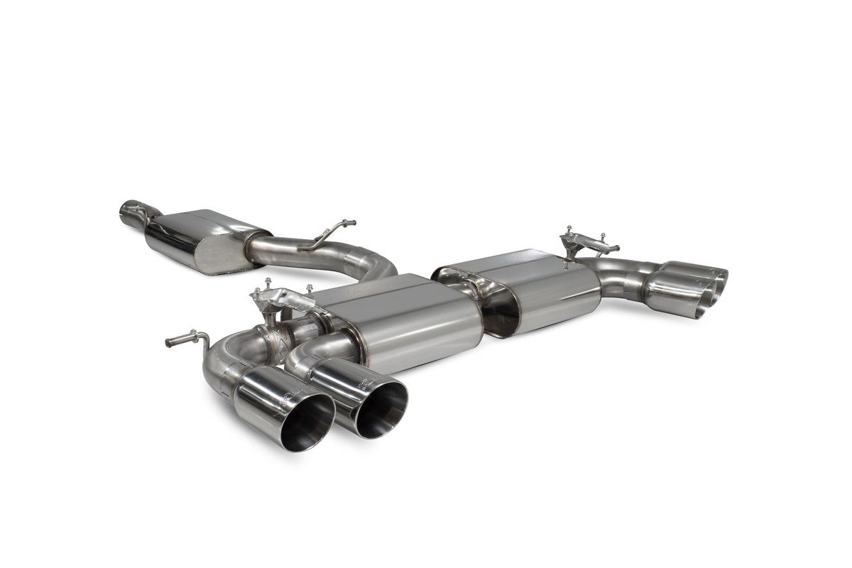 Scorpion Audi SQ2 GPF-back exhaust system with resonated pipes and valves, showcasing the stainless steel construction and polished finish.