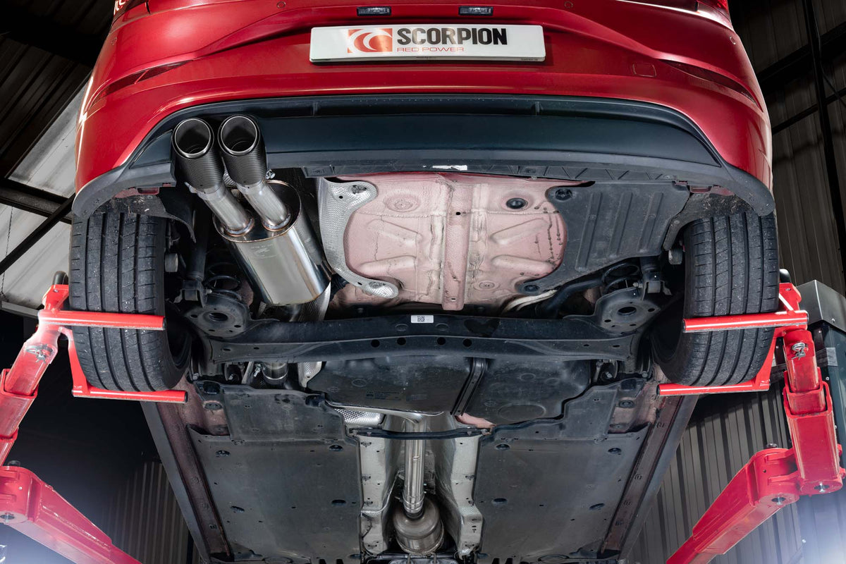 Scorpion Volkswagen Polo GTI AW GPF-Back Exhaust System with non-resonated design, silver finish, and dual exhaust tips.