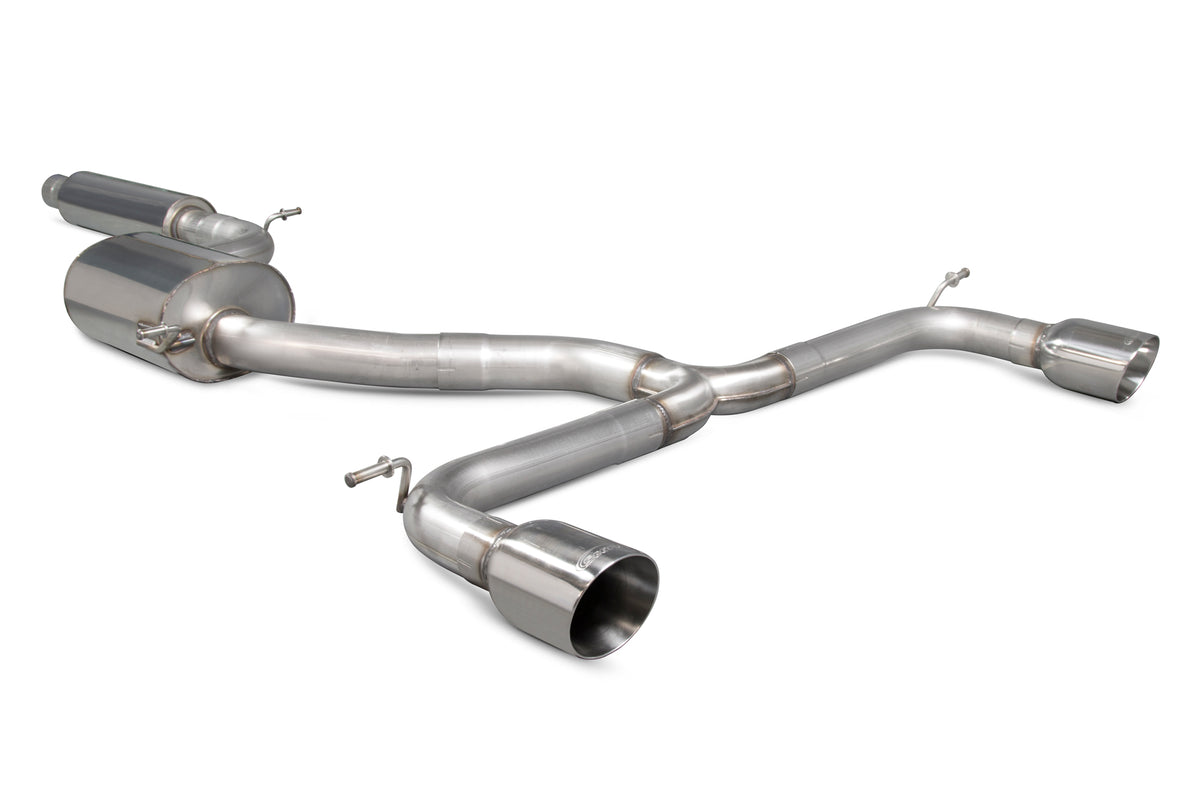 Scorpion Volkswagen Golf MK7.5 GTI non-GPF cat-back exhaust system with resonated design, showcasing polished stainless steel pipes.