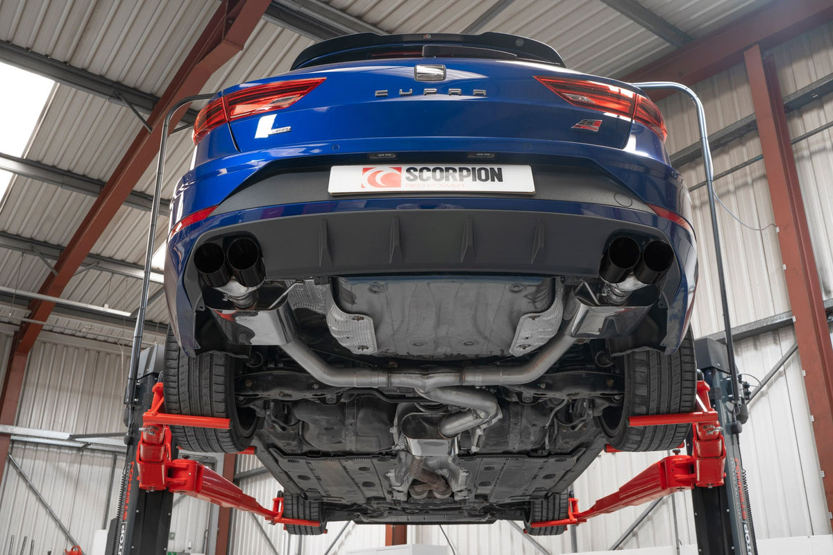 Scorpion Exhausts GPF-Back Exhaust System for Seat Leon Cupra ST 300 4Drive, showing the resonated exhaust pipes and tips.