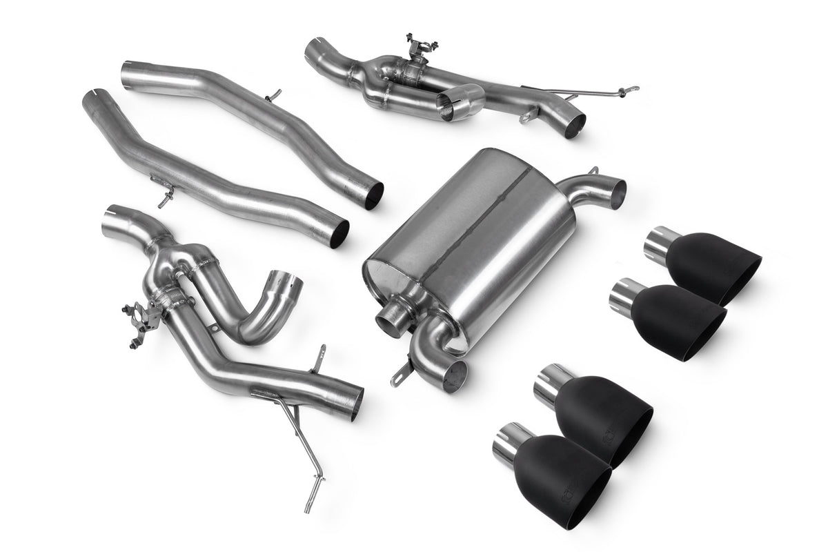 Scorpion BMW M3 G81 Touring Half Exhaust System with polished stainless steel tips on a black car.