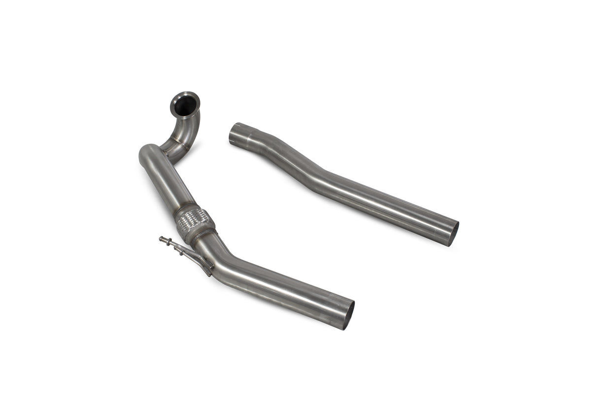 Scorpion De-Cat Downpipe for Volkswagen MK7 Golf R, Golf R Estate MK7.5, and Audi S3 8V Non-GPF models, showing metal construction.