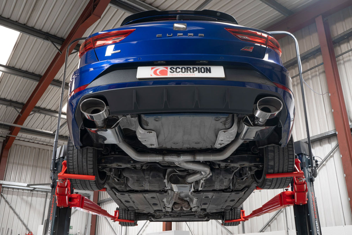 Scorpion Exhausts GPF-Back Exhaust System for Seat Leon Cupra ST 300 4Drive, showing polished metal pipes and resonated design.