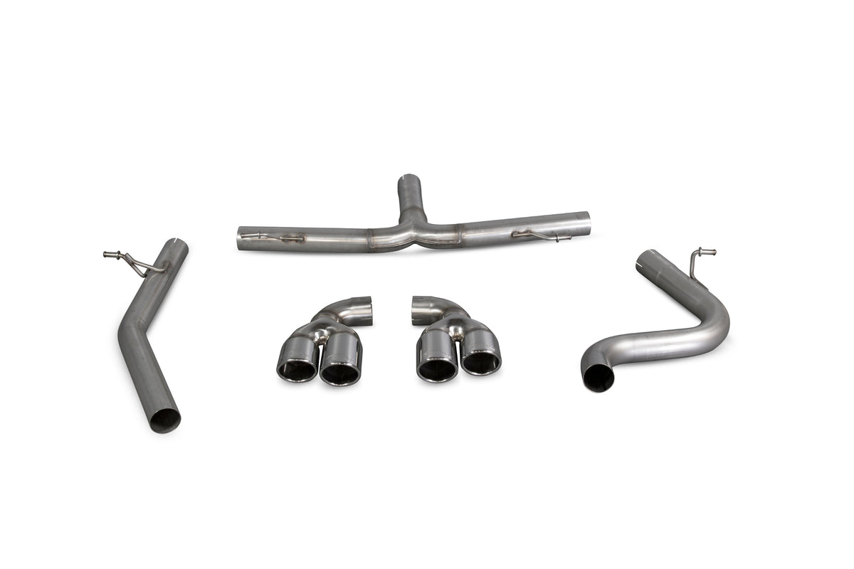 Scorpion Audi TT Mk2 2.0 Tdi Quattro cat-back exhaust system with polished stainless steel pipes and dual exhaust tips.