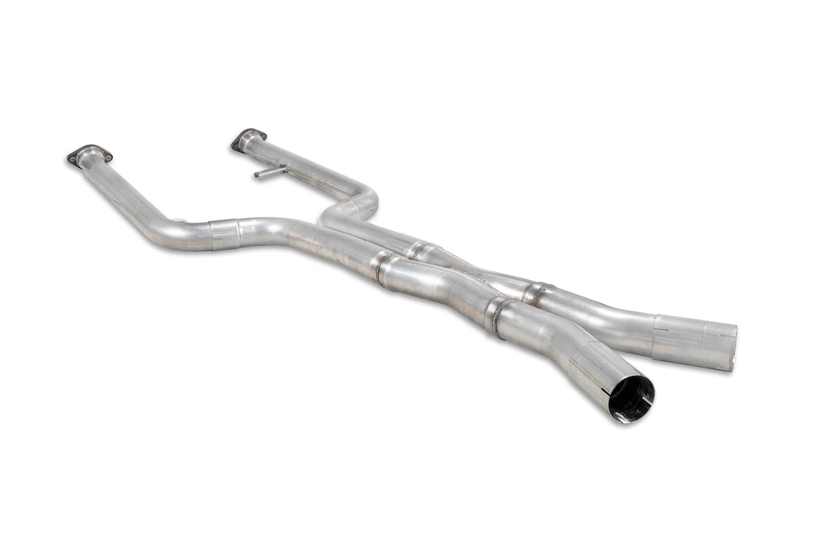 Scorpion BMW M2 G87 GPF Delete Pipe showing shiny metal pipe with precise bends and fittings for exhaust modification.