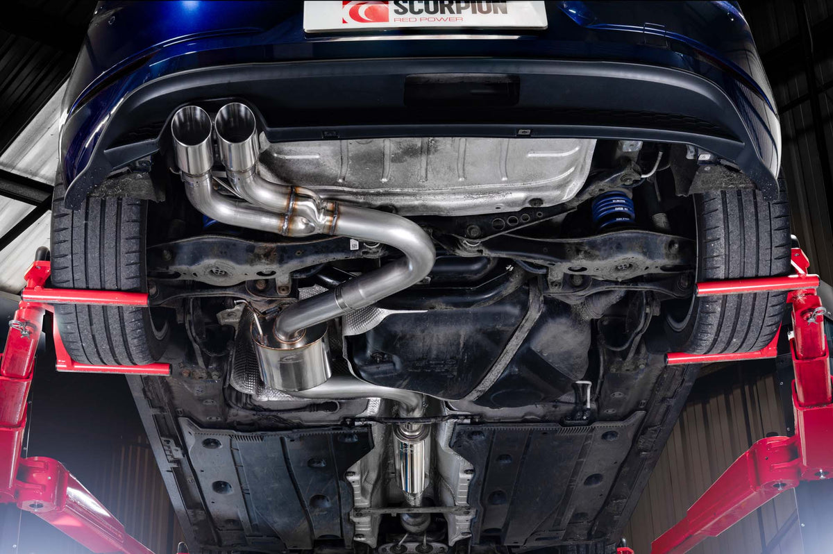 Scorpion Volkswagen Golf Mk7.5 1.5 TSI resonated cat-back exhaust system installed, showing polished stainless steel pipes and muffler.