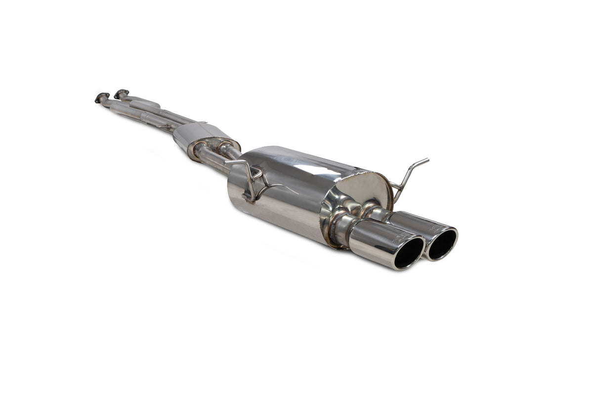 Scorpion BMW 3 Series E46 cat-back exhaust system installed on coupe, saloon, and estate models, showing polished stainless steel pipes.