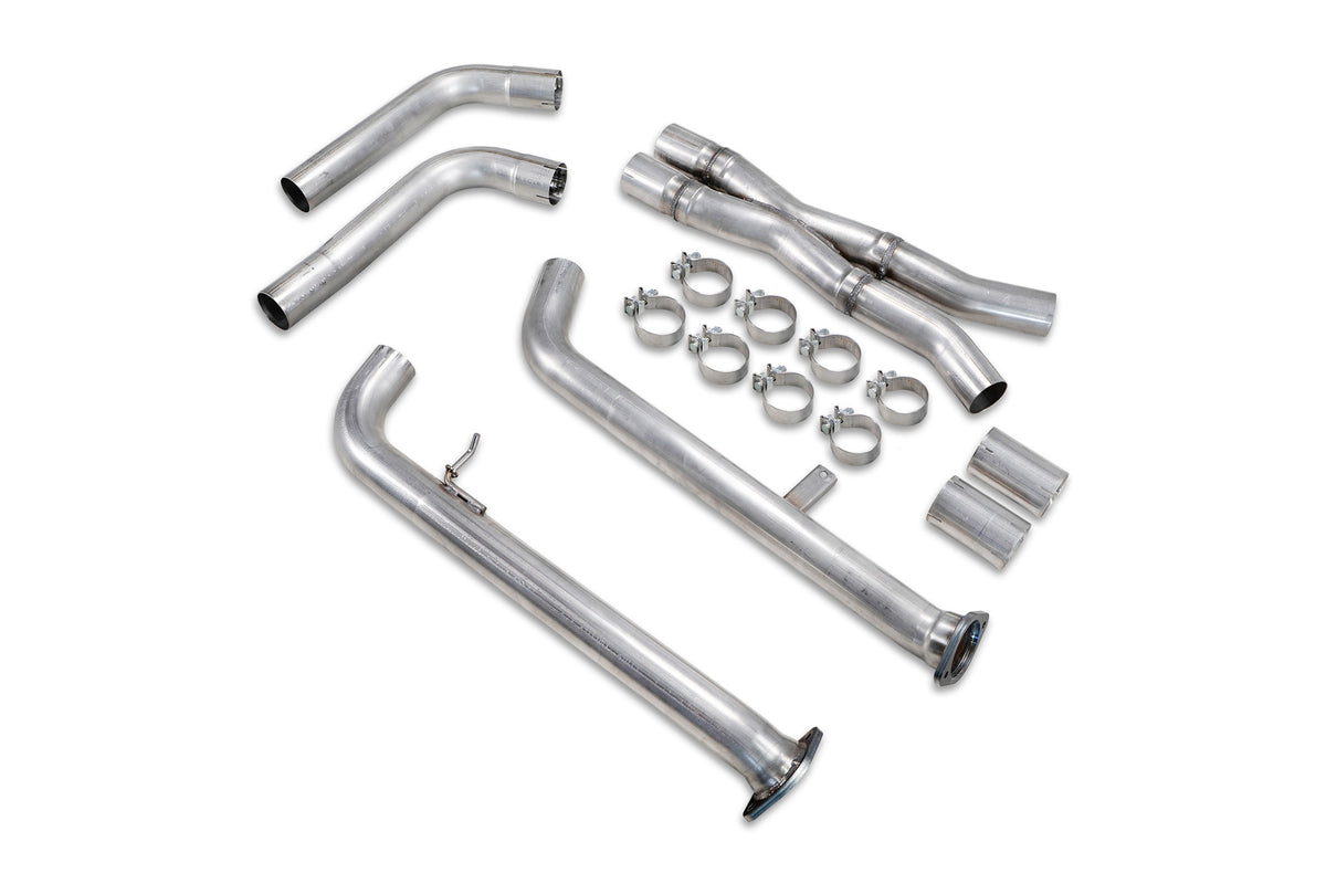 Scorpion BMW M2 G87 mid-pipe exhaust component with polished metal finish and mounting flanges for enhanced performance.