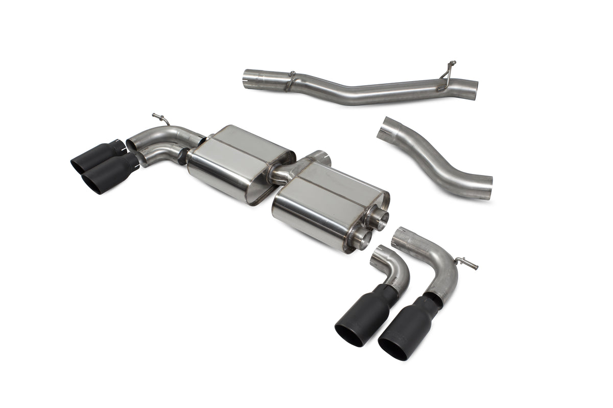 Scorpion Volkswagen Golf R MK8/8.5 GPF Model non-resonated cat-back exhaust system installed on a car, showcasing the sleek exhaust pipes.