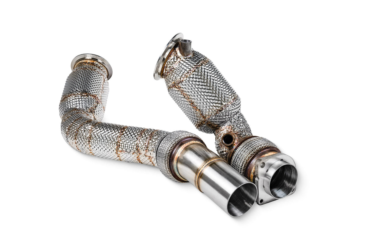 Scorpion BMW M3 F80, M4 F82 GPF sports cat downpipe with high flow catalyst, showcasing the stainless steel exhaust component.