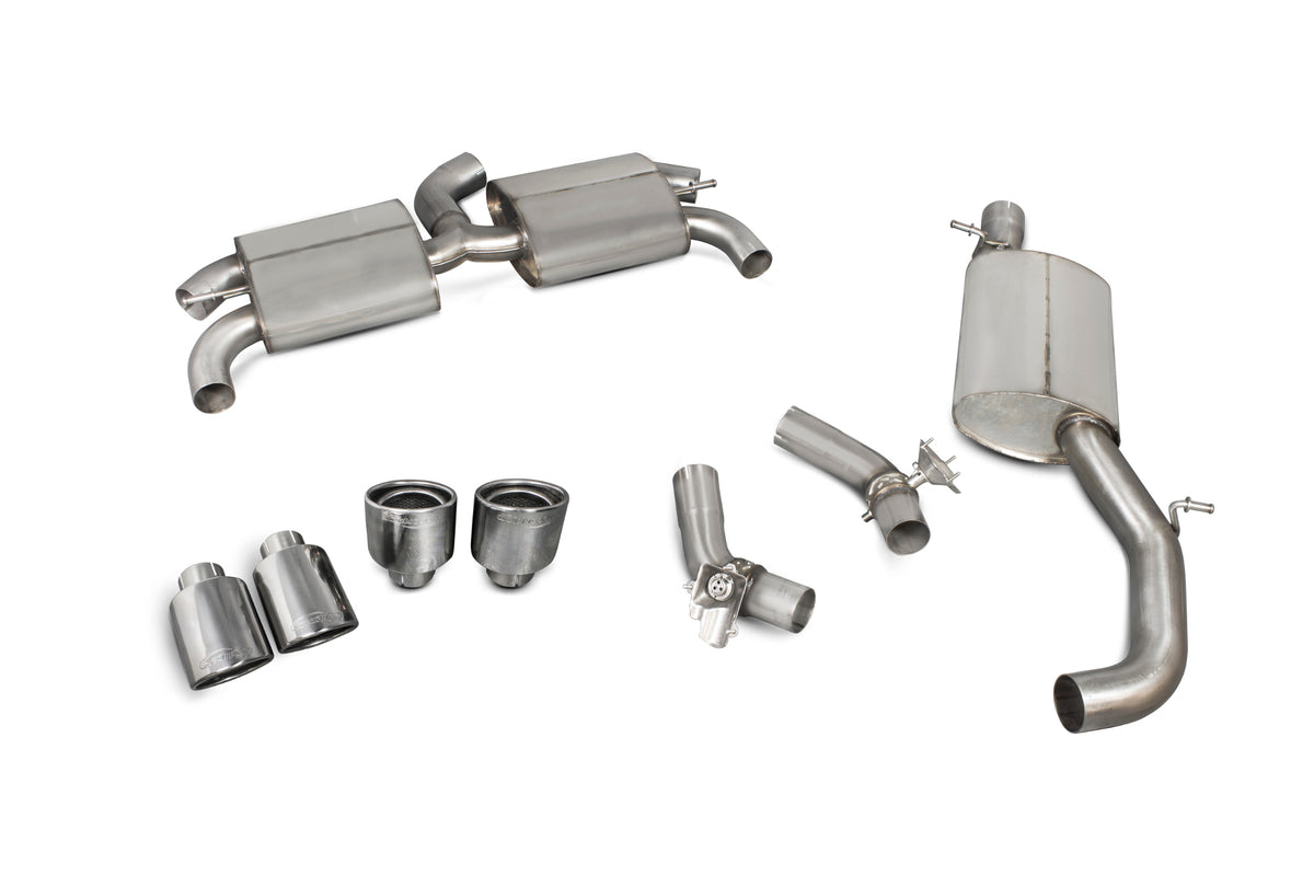 Scorpion Audi TT MK3 TTS cat-back exhaust system with resonated design and valves, designed for coupe models only.