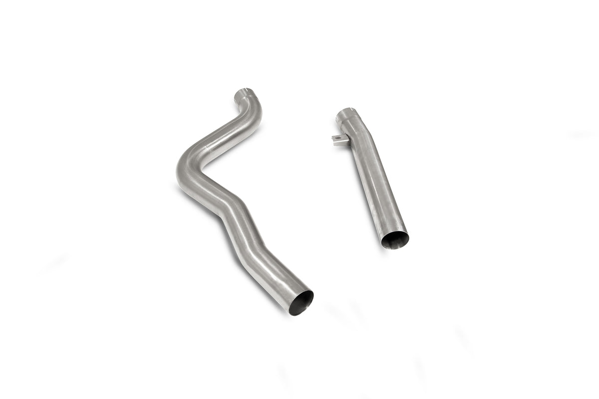 Scorpion BMW M140i, M240i GPF delete pipe installed on the exhaust system, showcasing the stainless steel GPF delete pipe.