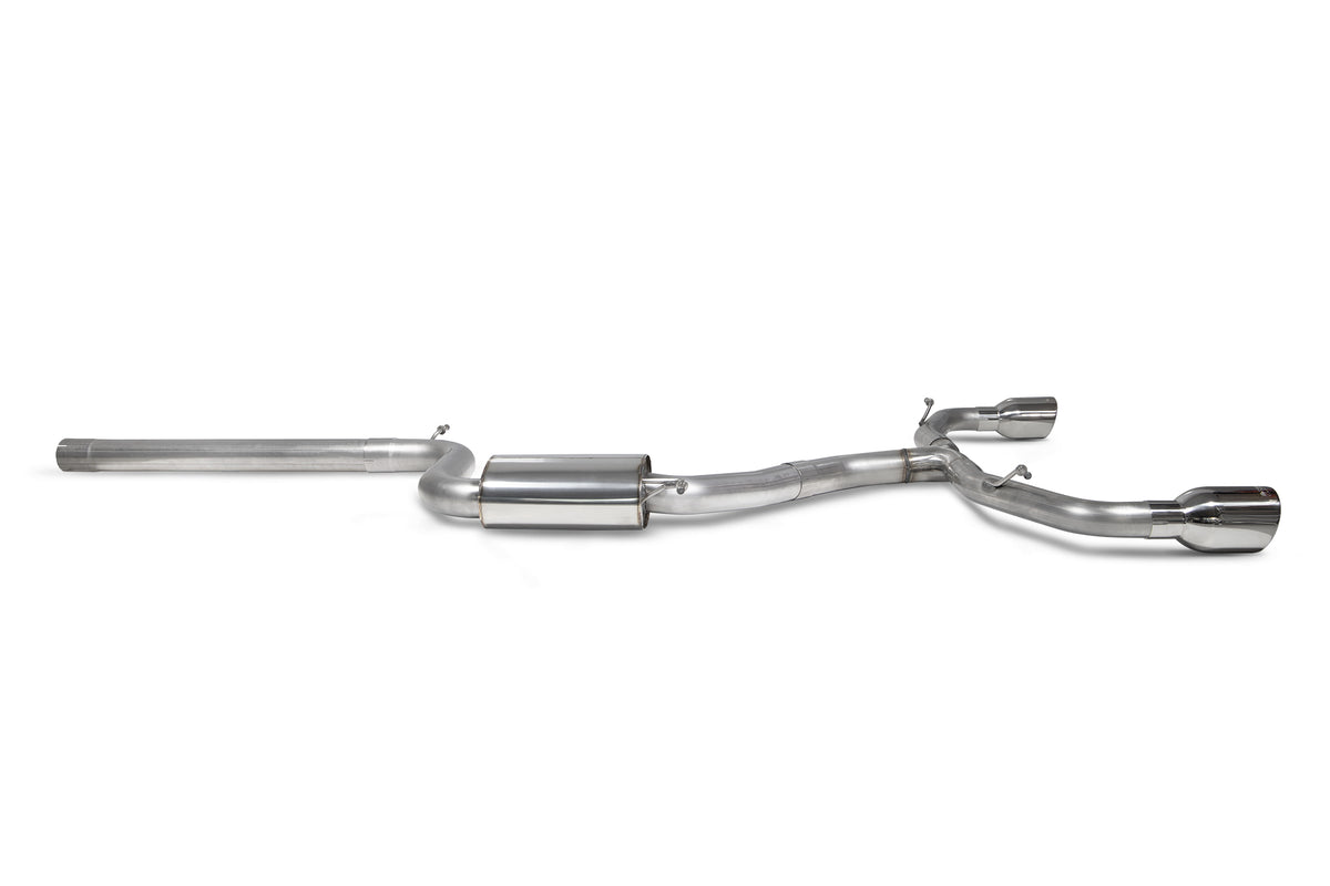 Scorpion Volkswagen Golf MK8 GTI GPF-Back Exhaust System with non-resonated design, showcasing the stainless steel exhaust tips.