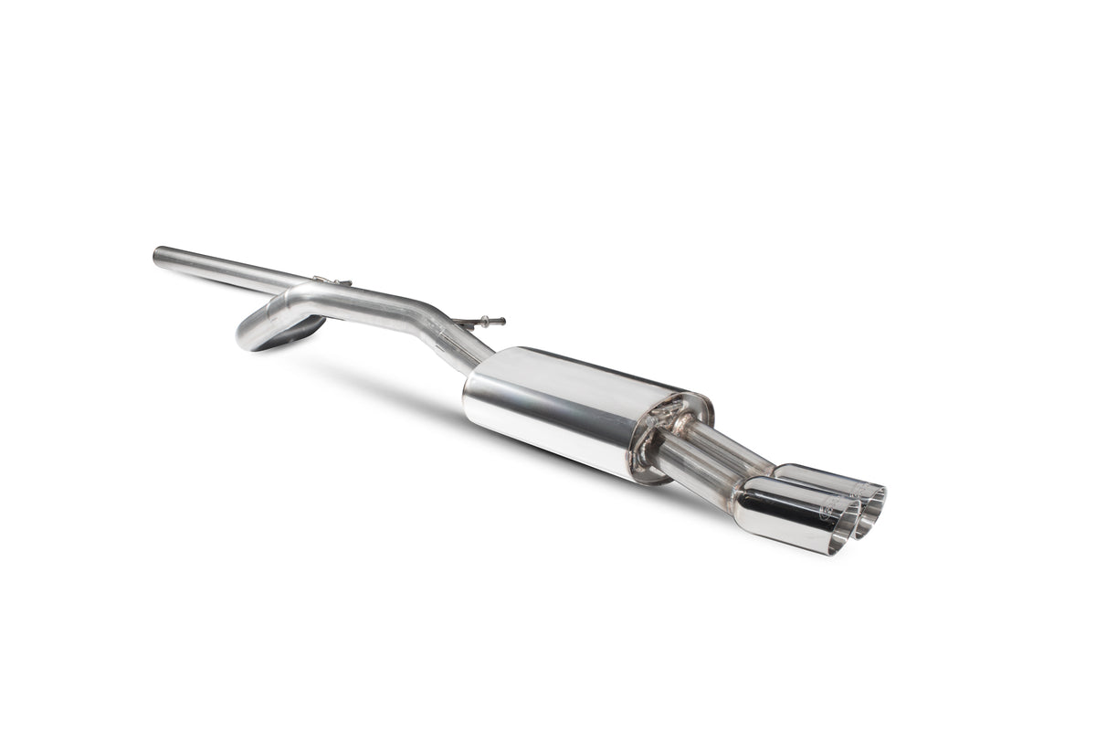 Scorpion Exhausts cat-back exhaust system for 1.2 TSI Volkswagen Scirocco, non-resonated, chrome finish, visible piping and muffler.
