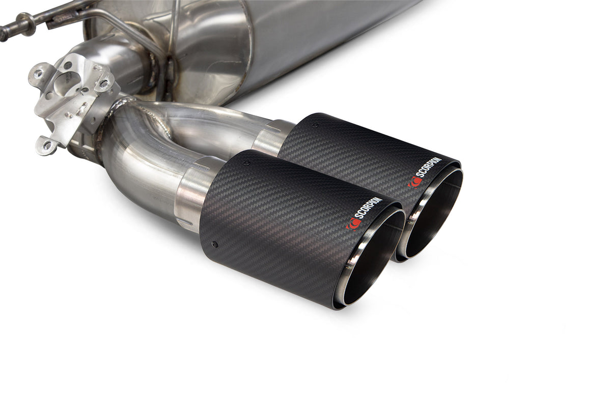 Scorpion BMW M2 F87 Non GPF cat-back exhaust system with electronic valve, stainless steel pipes and dual exhaust tips.