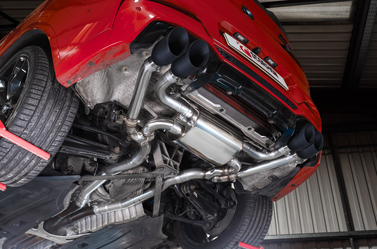 Scorpion BMW X3 M G01 Competition Half Exhaust System with valves, showing polished metal pipes and dual exhaust tips.