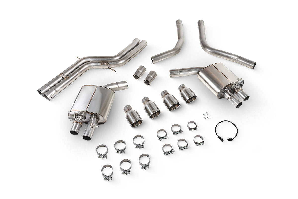 Scorpion Audi S6/S7 C7 non-resonated half exhaust system with electronic valves, showing mufflers and piping details.