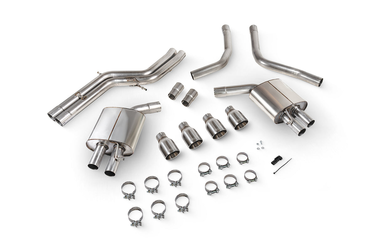 Scorpion Exhausts Audi S6/S7 C7 non-resonated half system exhaust with no valves, showing dual exhaust tips and muffler details.