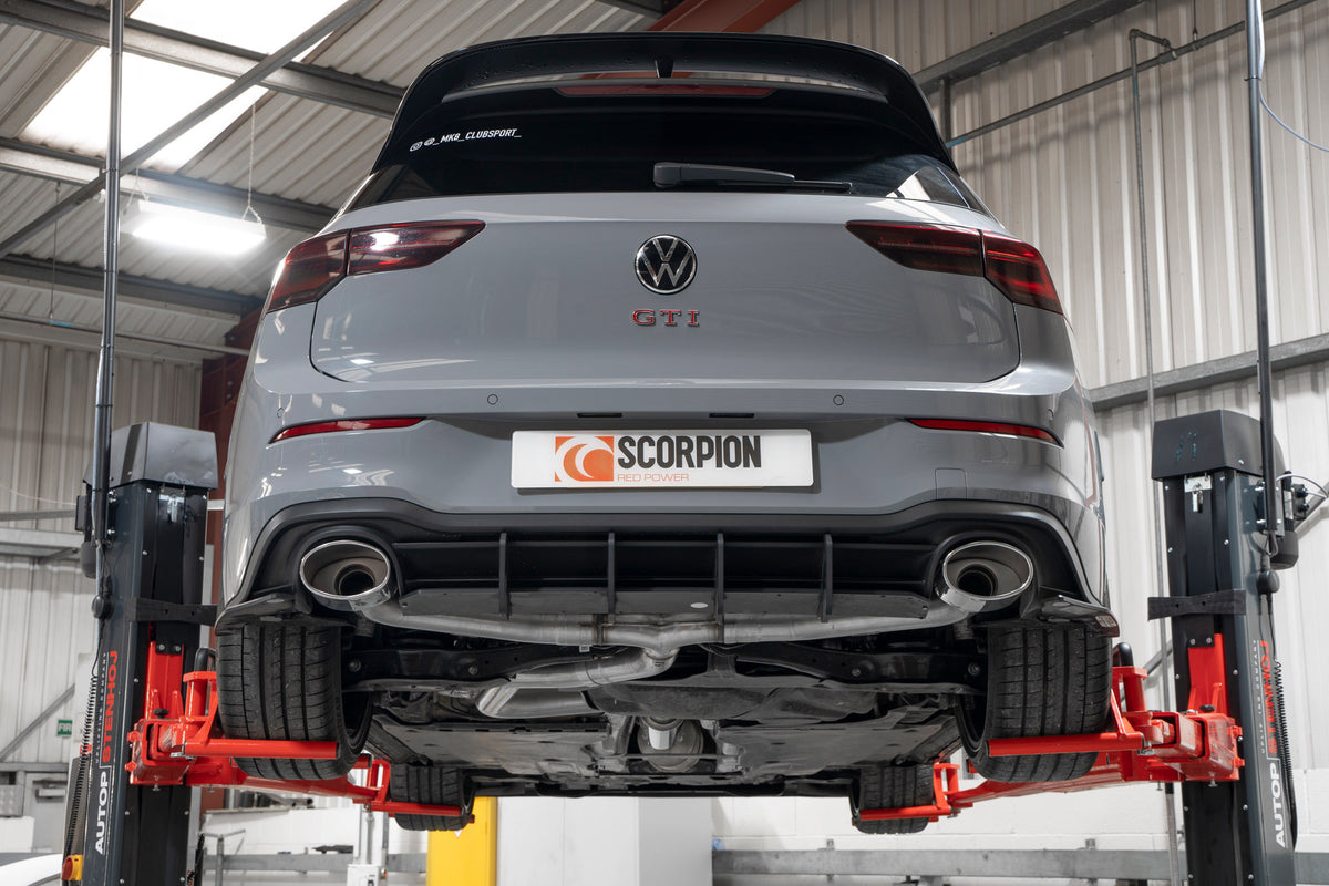 Scorpion Volkswagen Golf MK8 GTI Clubsport resonated GPF-back exhaust system installed, showcasing polished metal pipes and muffler details.