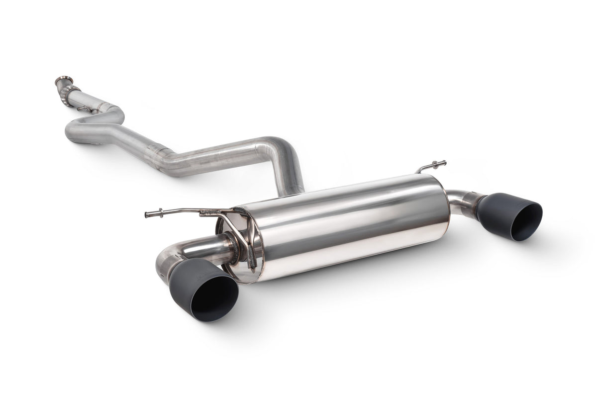 Scorpion BMW M235i F22 non-resonated cat-back exhaust system without valve, showcasing the polished metal piping and muffler.