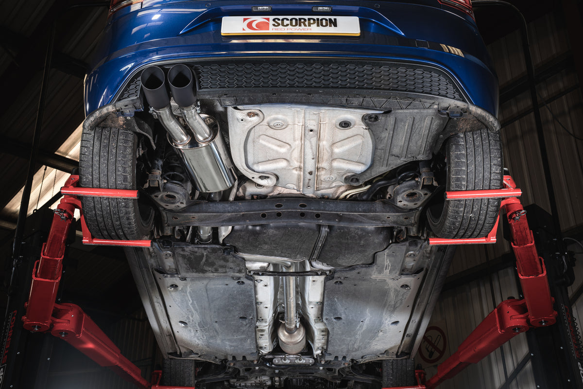 Scorpion Volkswagen Polo GTI AW GPF-Back Exhaust System, non-resonated, rear view showing stainless steel tubing and muffler.