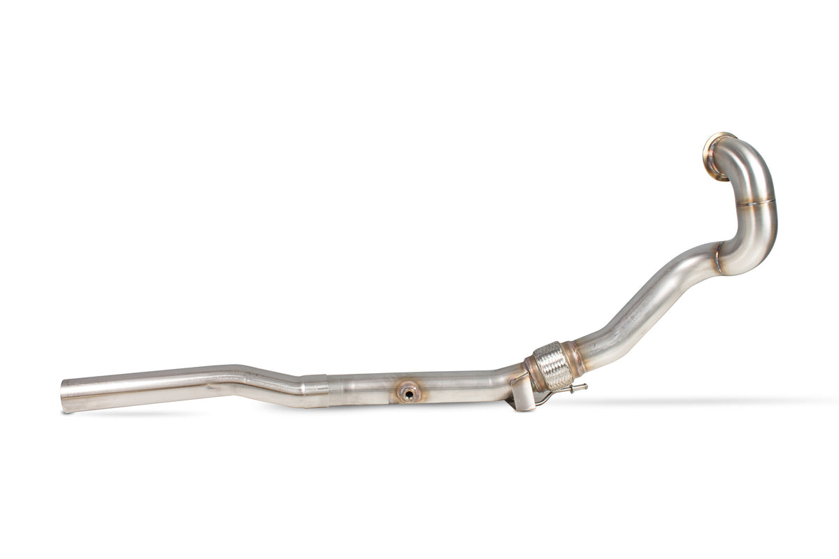 Scorpion Audi S1 2.0 TFSI quattro de-cat downpipe in stainless steel with polished finish, mounted on vehicle engine bay.