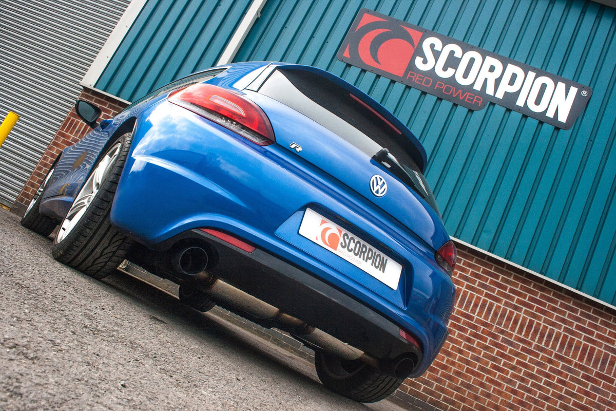 Scorpion Volkswagen Scirocco R resonated cat-back exhaust system with polished stainless steel tips and dual exhaust pipes.