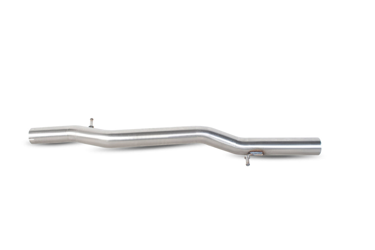 Scorpion Volkswagen Golf Mk4 R32 non-resonated cat-back exhaust system installed on a car, showcasing its polished metal finish and dual tips.