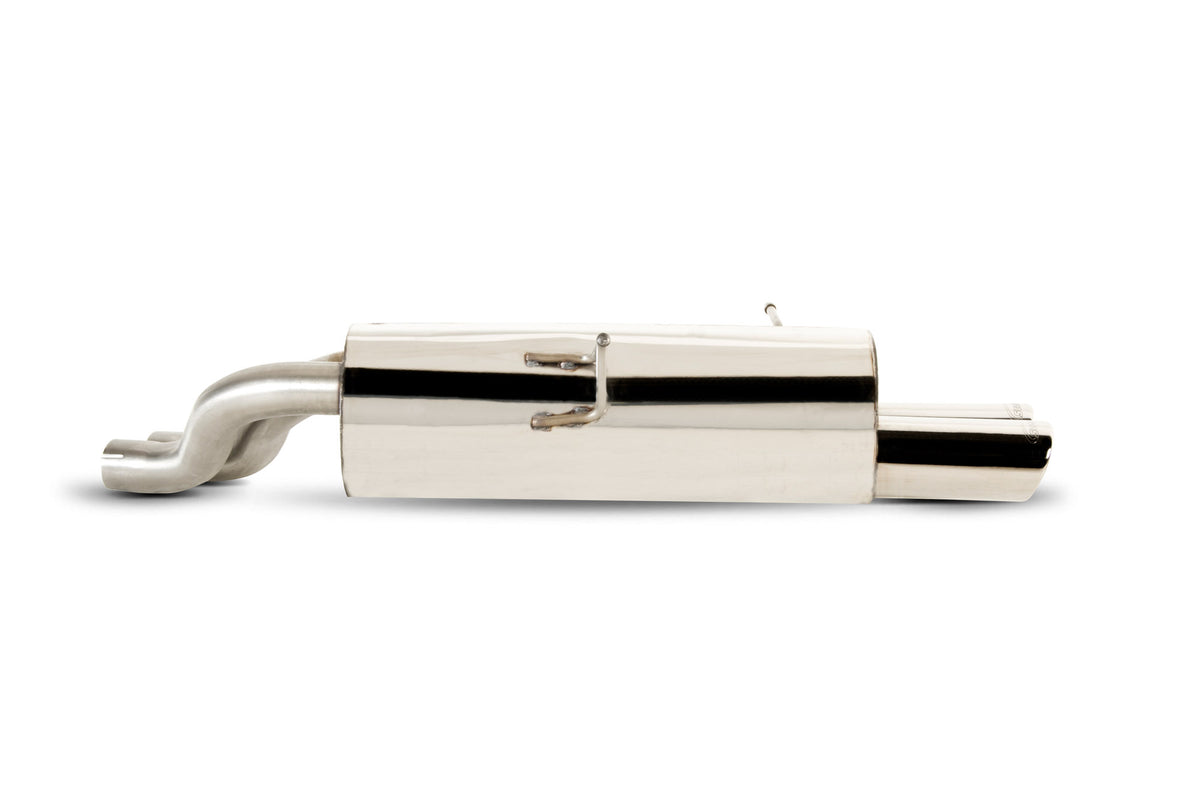 Scorpion BMW E46 3 Series rear silencer exhaust part in metallic finish, designed for 320, 325, 330 models.