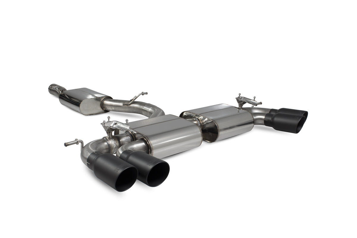 Scorpion Audi S3 8V GPF-Back Exhaust System with resonated pipes and valves, showing the sleek exhaust tips and polished metal finish.