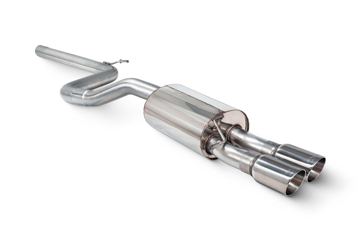 Scorpion Volkswagen Polo GTI GPF-Back Exhaust System in stainless steel, showing the non-resonated exhaust pipe and muffler details.