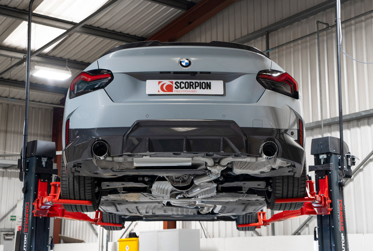 Scorpion BMW 220i G42 GPF-Back Exhaust System showing polished stainless steel pipes and dual exhaust tips for GPF models.