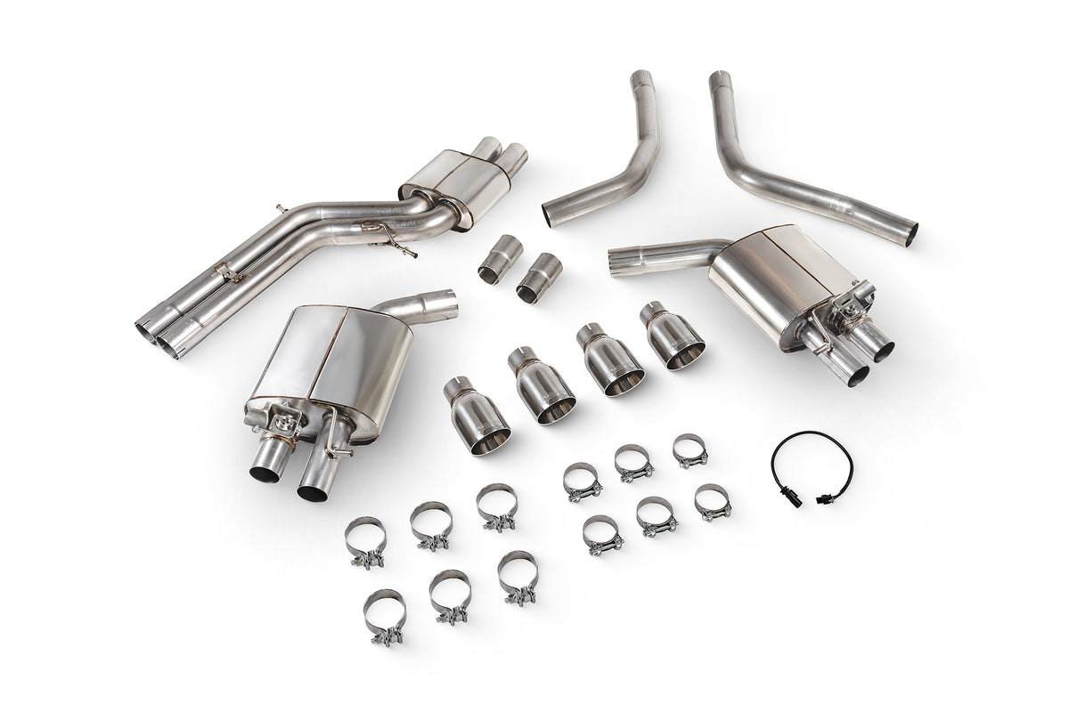 Scorpion Audi S6/S7 C7 resonated half exhaust system with electronic valves, showing polished metal pipes and valve components.