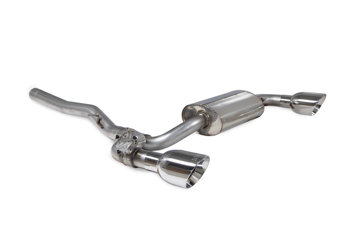 Scorpion BMW M135i xDrive GPF-Back Exhaust System with electronic valve, showing the sleek exhaust pipes and brand logo.
