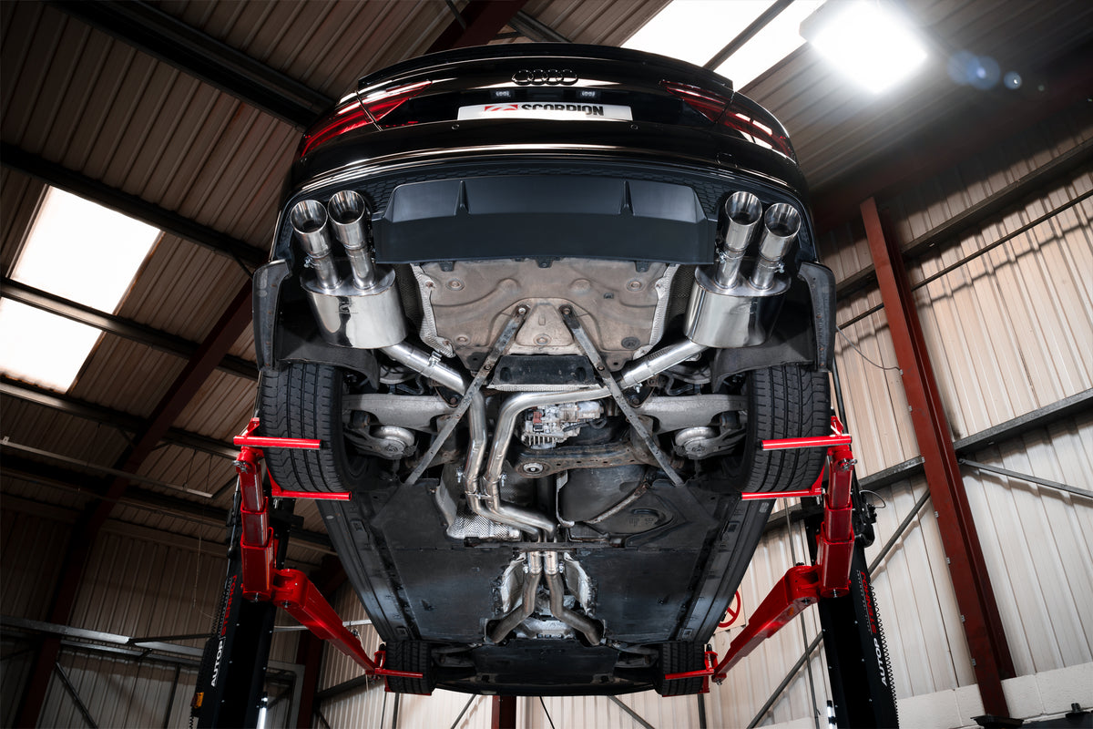 Scorpion Audi S6/S7 C7 non-resonated half exhaust system with no valves, showing polished stainless steel pipes and mufflers.