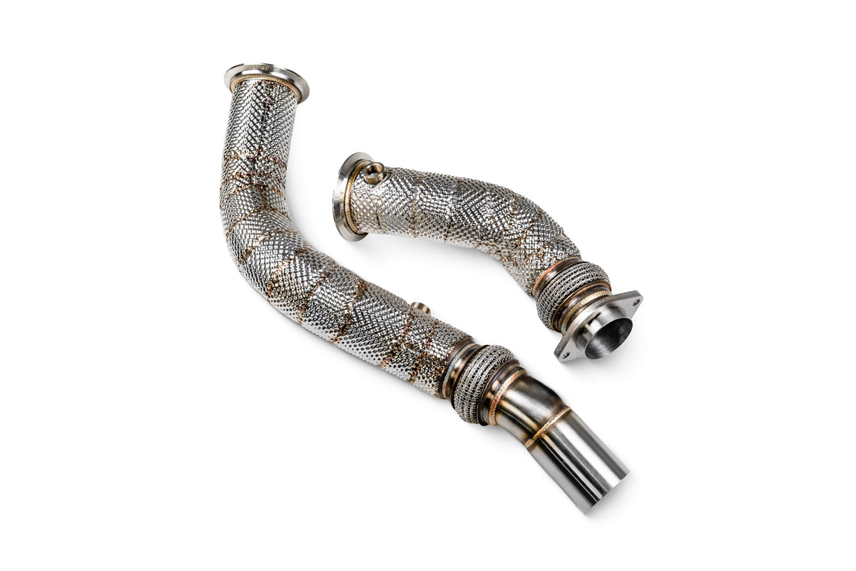 Scorpion Exhausts de-cat downpipe for BMW M3 F80, M4 F82, F83 GPF & Non-GPF, and M2 F87 Competition, showing polished metal construction.