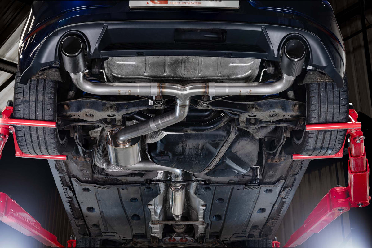 Scorpion Volkswagen Golf Mk7.5 1.5 TSI resonated cat-back exhaust system installed, showcasing the polished metal pipes and muffler.