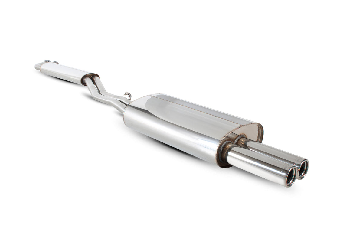 Scorpion BMW 325 E30 half exhaust system with cabrio and touring variants, showcasing the stainless steel exhaust components.
