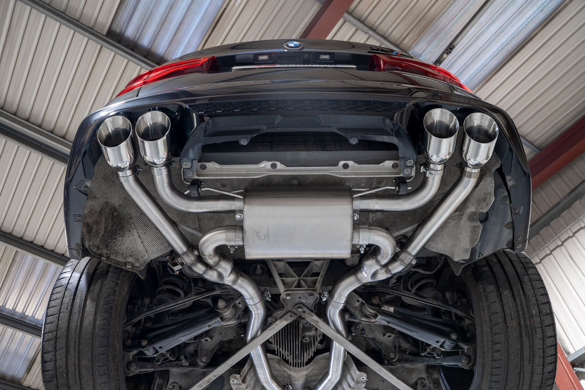 Scorpion BMW X3 M G01 half exhaust system with valves, featuring a competition half system with polished metal finish.