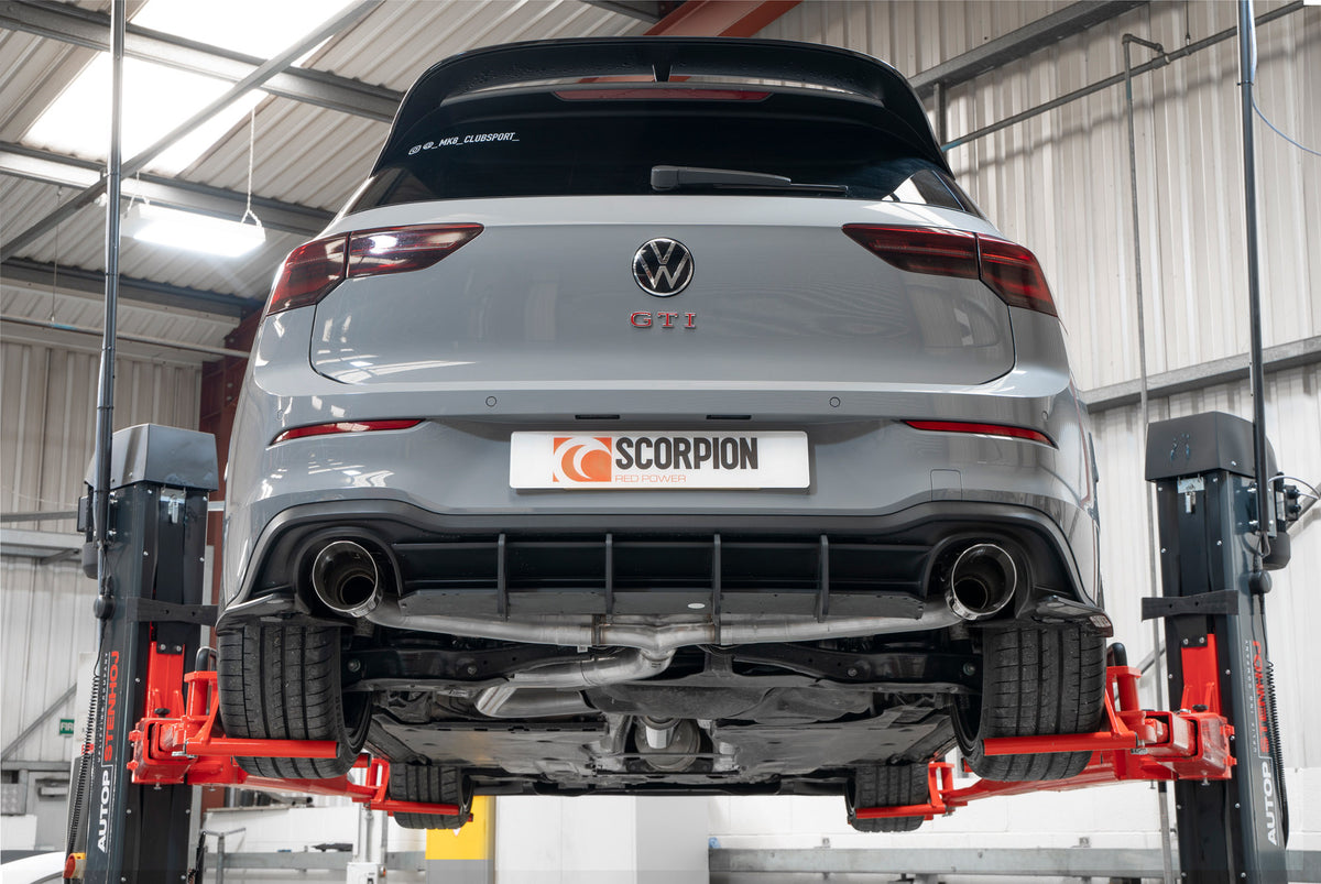 Scorpion Volkswagen Golf MK8 GTI Clubsport GPF-Back Exhaust System with resonated predator design, stainless steel finish.