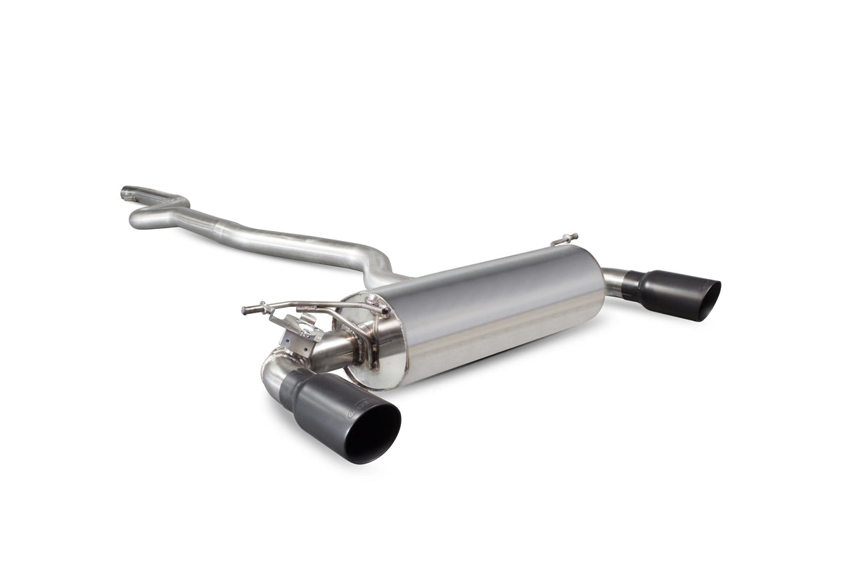 Scorpion BMW M240i non-GPF cat-back exhaust system with electronic valves, showing the polished metal pipes and dual tips.