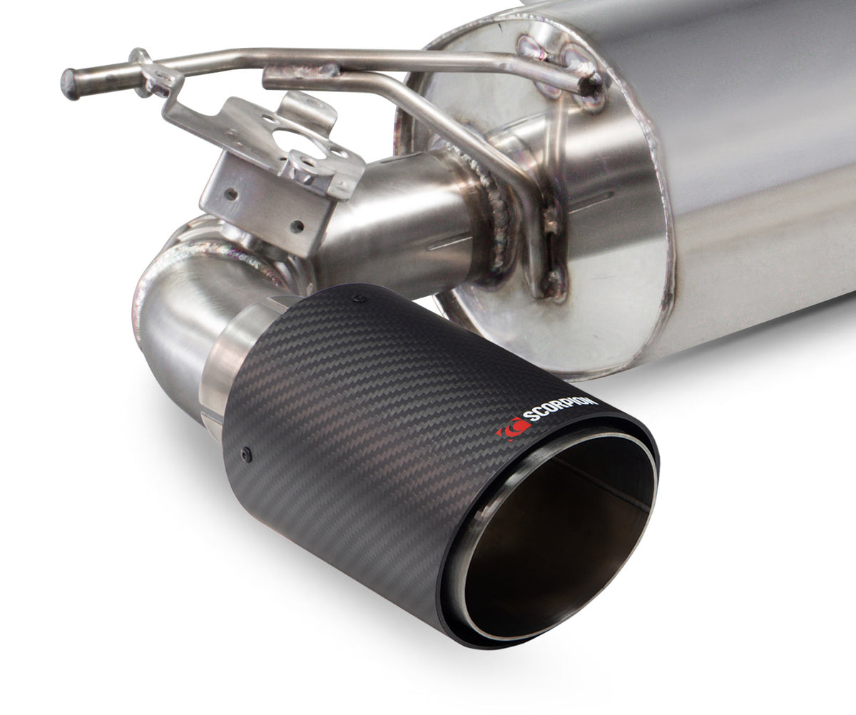 Scorpion BMW M140i F20 F21 non-GPF cat-back exhaust system with dual exhaust tips and stainless steel construction.