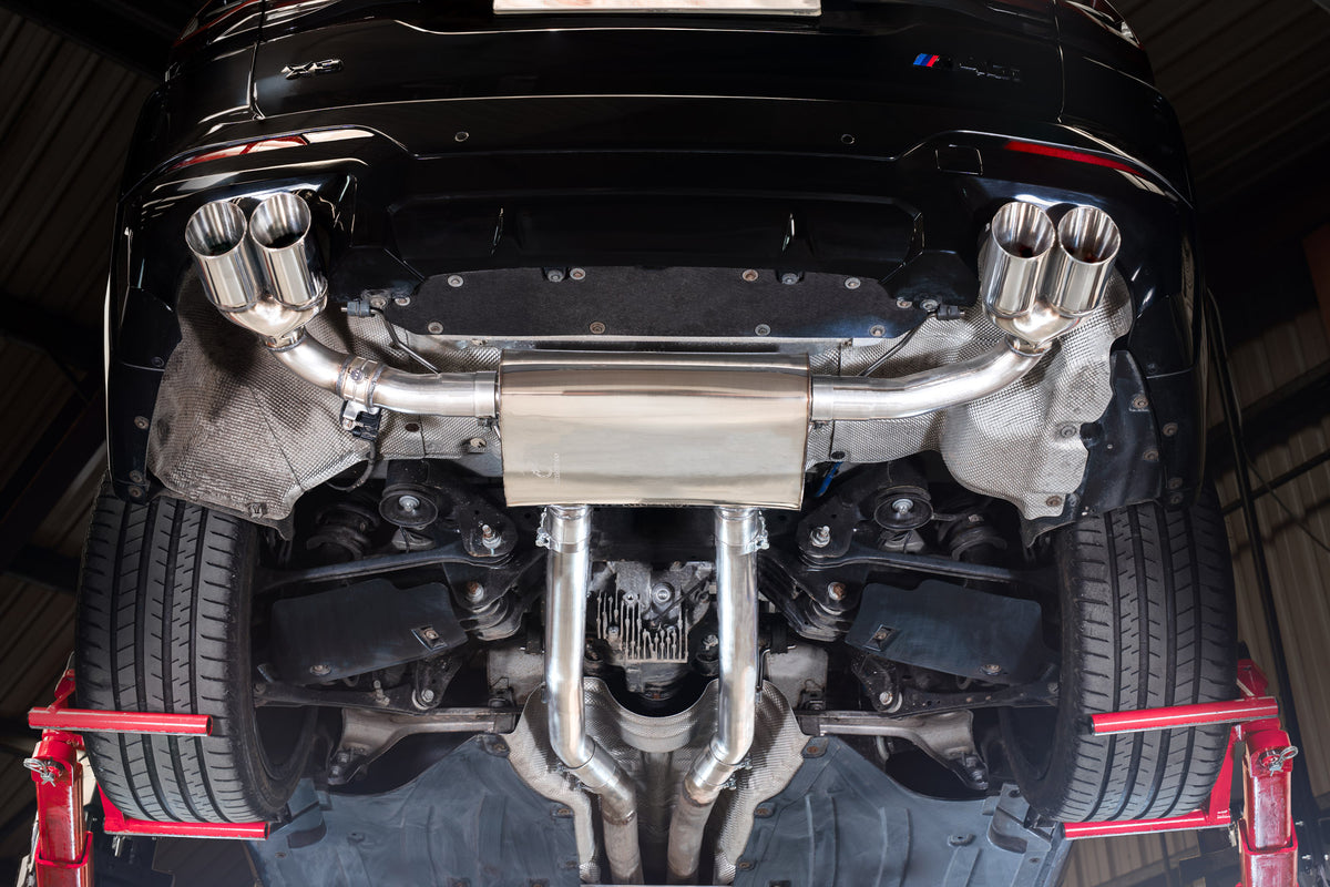 Scorpion BMW X3 M40i G01 GPF-Back Exhaust System with electronic valve, showcasing polished metal pipes and exhaust tips.